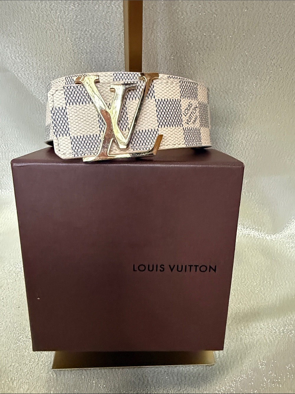 Louis Vuitton Damier Azur Check Canvas Belt with Gold LV Buckle 85/34